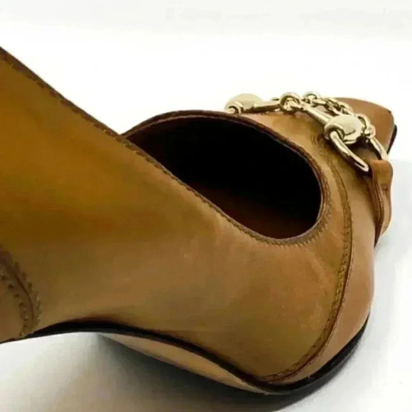 Gucci Brown Leather Gold Horsebit Chain Pointed Toe Kitten Heel Pumps Size 10 - Picture 11 of 15